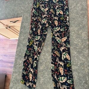 Zara Black Tropical Zebra Print Pants with Green & Beige Accents
